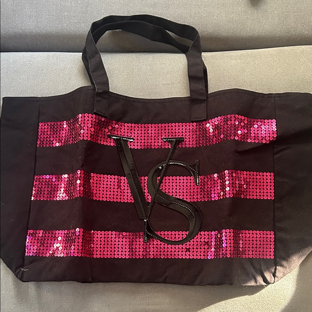 Victoria's Secret Black Tote with Pink Sequin Stripes